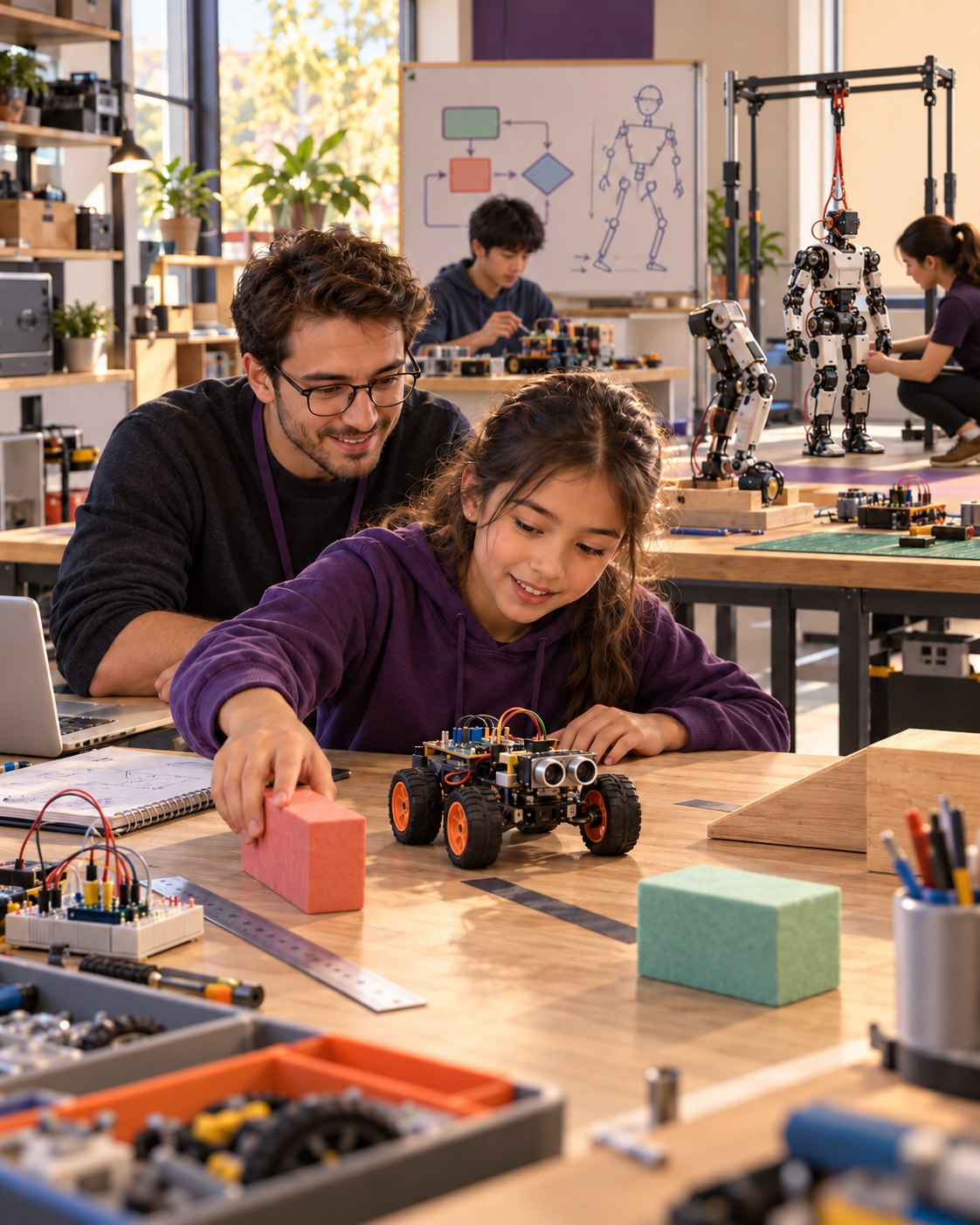 Illustration of a learner testing a rover while a compact tethered humanoid is tested under supervision in the background.